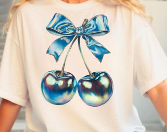 Blue Iridescent Cherry PNG Design - Downloadable Cherry PNG - Cherry Designs For T-Shirts - Coquette Designs - Coquette Cherry Design