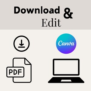 May include: Download and edit a PDF file using Canva. The image shows a download icon, a PDF file icon, and a laptop computer with the Canva logo.