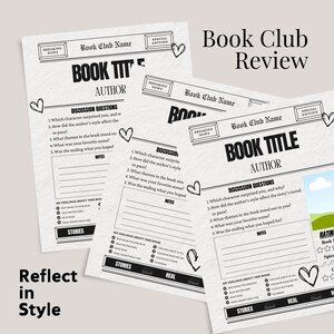 May include: Black and white printable book club review template with a newspaper design. The template includes sections for book title, author, discussion questions, notes, and rating. The template is designed to help book club members reflect on their reading experience.