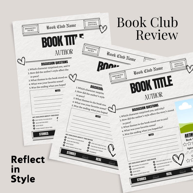 May include: Black and white printable book club review template with a newspaper design. The template includes sections for book title, author, discussion questions, notes, and rating. The template is designed to help book club members reflect on their reading experience.