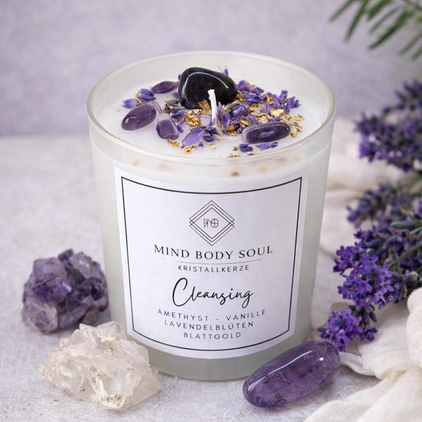 Mind Body Soul "Cleansing" - Crystal candle made of soy wax, cleansing, gemstones, scented candle in a glass, healing stones, amethyst, lavender blossoms