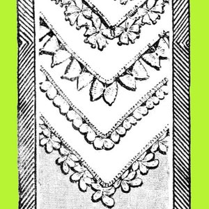 Könnte beinhalten: Eine Schwarzweißillustration von fünf verschiedenen Taschentuchdesigns mit Spitzenbesatz. Die Taschentücher sind in Pyramidenform angeordnet, wobei eine Hand das oberste Taschentuch hält.