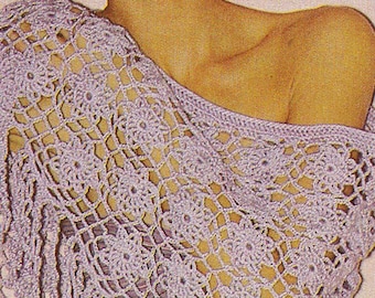 1970s Crochet Floral Lace Shawl Pattern, Digital Crochet Pattern