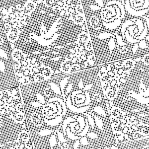 May include: Black and white image of a crochet pattern with a repeating design of a check mark, a circle, and a star. The pattern is made up of small squares.