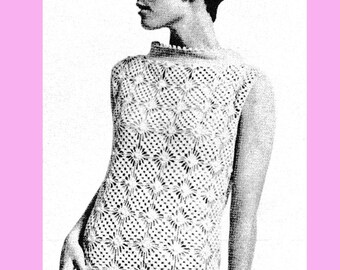 May include: A white crochet dress with a geometric pattern. The dress has a sleeveless design and a boat neck.
