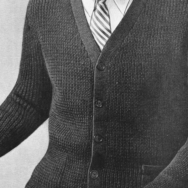 1946 Classic Cardigan PDF Knitting Pattern, Button Front Mens Sweater with Pockets