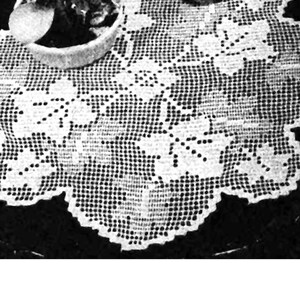 Puede incluir: Un encaje de ganchillo blanco con un diseño floral. El encaje está colocado sobre una superficie oscura con una planta en maceta en el fondo.