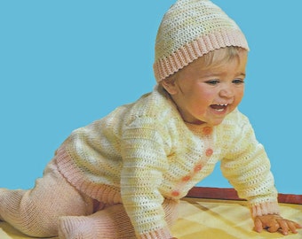 1980s Crochet Baby Cardigan and Beanie Pattern, Digital Crochet Pattern