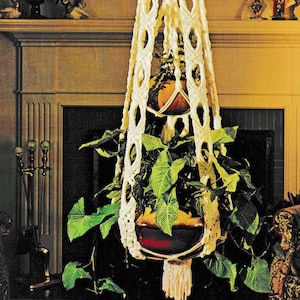 May include: A white macrame plant hanger with a plant in a brown pot hanging from it. The hanger is in front of a fireplace with a painting above it.
