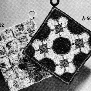 May include: Two crocheted pot holders, one with a geometric pattern and the other with a floral design. The pot holders are labelled A-501 and A-502.