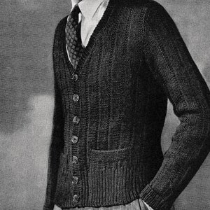 1940s Mens Knit Cardigan Pattern - Dartmouth, Digital Knitting Pattern