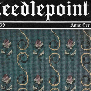 Puede incluir: Un libro de patrones de punto de aguja vintage con un fondo azul verdoso y un patrón repetido de pequeñas flores rosas y formas geométricas doradas y negras. El libro se titula "Needlepoint" con el texto "Book 39" y "Anne Orr" en la portada. El texto "Nashville, Tennessee" está impreso en la parte inferior de la portada.
