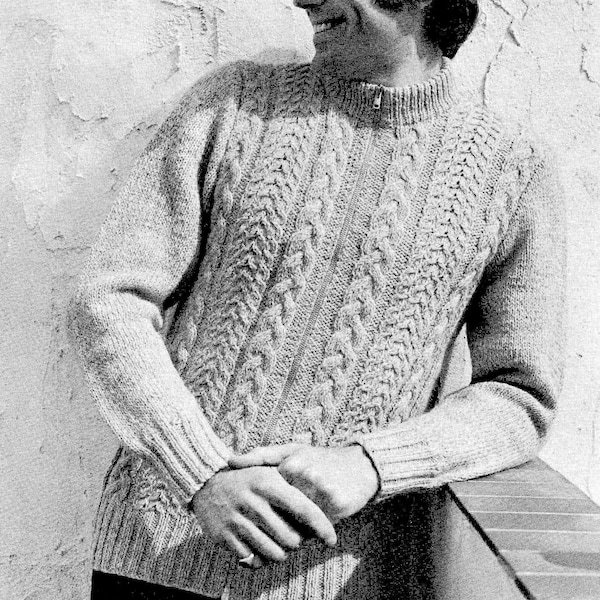 70s Mens Zipper Front Cabled Sweater Knitting Pattern, Digital Knitting Pattern