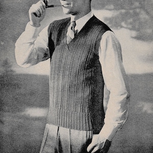 1940s Mens Knit Vest Pattern - Purdue, Digital Knitting Pattern