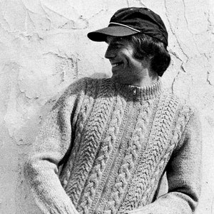 70s Mens Zipper Front Cabled Sweater Knitting Pattern, Digital Knitting Pattern