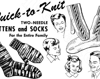 1950 2 Needle Mittens and Socks for the Entire Family, PDF Knitting Pattern