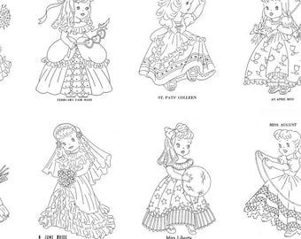 A Year of Dolls Hand Embroidery Patterns from 1950, Digital Hand Embroidery Pattern