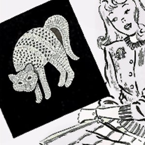 May include: A black and white illustration of a girl holding a card with a white cat design on it. The cat is in a crouching position with its tail curled around its body.