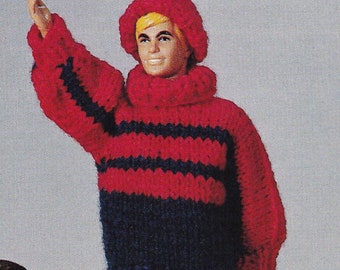 May include: Three crocheted doll sweaters in different colors and styles. A red and black striped sweater with a turtleneck, a green and yellow hooded sweater, and a blue and gray sweater with a belt.