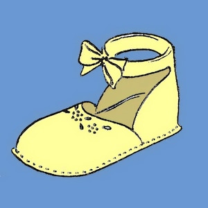 May include: A yellow child's shoe with a yellow bow on the ankle strap. The shoe has a decorative pattern of small circles.