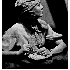 May include: A woman wearing a white crocheted turban, scarf, and bag ensemble. The ensemble is made with Clark's O.N.T. Knitting and Crochet Cotton. Instructions on page 16. See page 23 for a list of Boilfast colors.