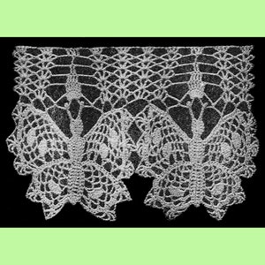 May include: White crocheted butterfly design with a delicate lace pattern. The design features two butterflies with intricate details and a scalloped edge.