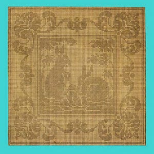 May include: A beige cross-stitch pattern with a floral design and two rabbits in the centre.