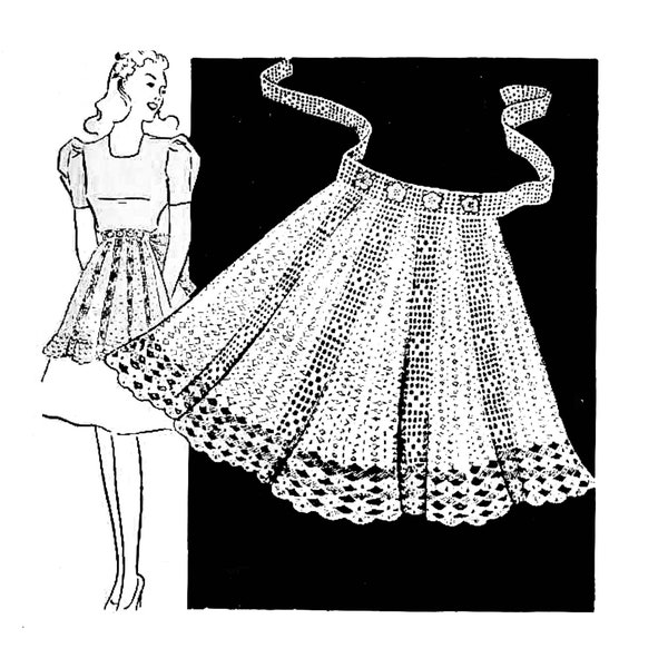 40s Filet Crochet Hostess Apron Pattern, Digital Crochet Pattern