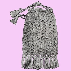 May include: A grey crocheted drawstring bag with a fringe border and two tassels. The bag is made with a diamond stitch pattern.