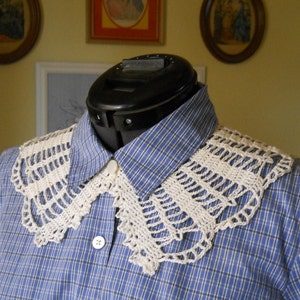 May include: A white crocheted collar with a scalloped edge, worn over a blue and white plaid shirt.