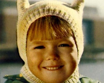 1970s Child or Toddler Knit Kitten Ears Hat Pattern, Digital Knitting Pattern