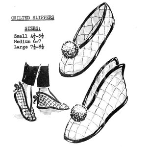 May include: A black and white line drawing of quilted slippers with a pom-pom on the toe. The slippers are shown in two different views. The text "QUILTED SLIPPERS" and "SIZES:" is shown above the slippers. The sizes are listed as "Small 4 1/2 - 5 1/2", "Medium 6 - 7", and "Large 7 1/2 - 8 1/2".