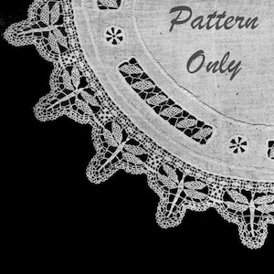 May include: A close-up of a white crocheted lace doily with a delicate floral pattern. The doily is on a black background. The text "Pattern Only" is visible in the upper right corner of the image.