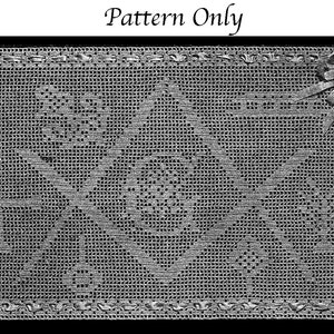 May include: A black and white image of a crochet doily with a diamond pattern and a bow in the corner. "Pattern Only" is written at the top of the image.