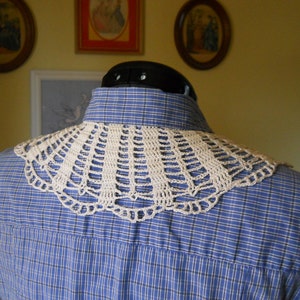 May include: A white crocheted collar with a scalloped edge, worn on a blue plaid shirt.