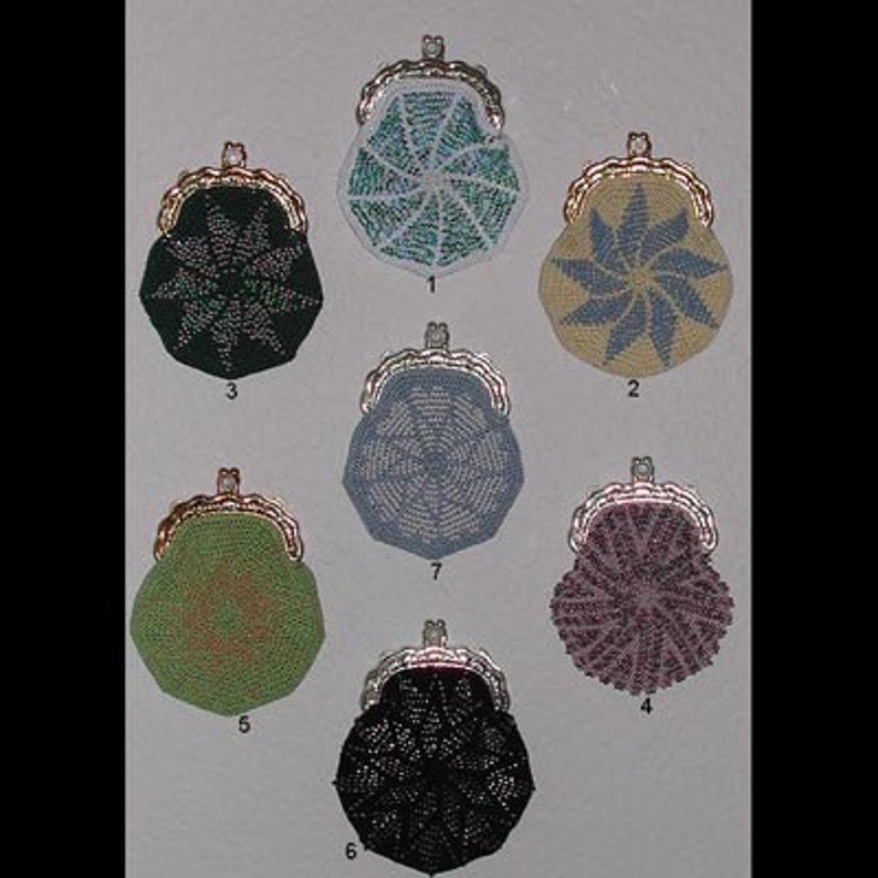 May include: Seven crocheted coin purses with different designs and colors. The purses are made with beads and have a metal clasp.