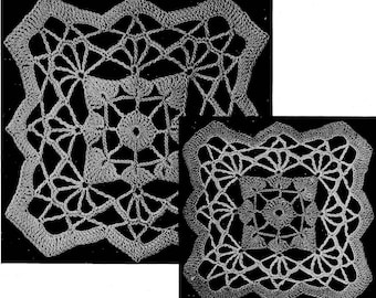 May include: Two crocheted doilies with a geometric pattern. The larger doily is white and the smaller doily is gray.