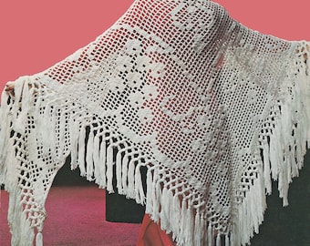 70s Filet Crochet Grapevine Shawl, Digital Crochet Pattern