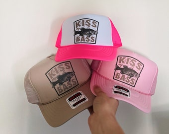 Kiss My Bass Trucker Hat, bass fishing, girls that fish, summer hat, fishing hat, trucker hat