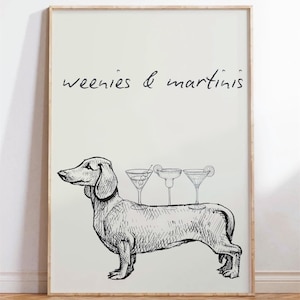 weenies en martini's, weiner hond kunst aan de muur, teckel kunst aan de muur, cocktailkunst, bar cart kunst, bar kunst, bar decor, hond decor, digitaal
