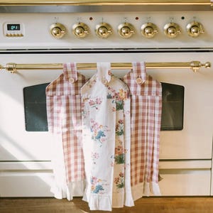 Cottage gingham ruffled farmhouse button loops kitchen towels farmhouse kitchen decor farmhouse kitchen towel