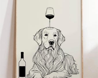 Golden Retriever Wall Art, Wine Glass Art, Alcohol Print, Funny Dog Poster, Kitchen Wall Decor, Bar Cart Decor, Bar, dog art, dog decor