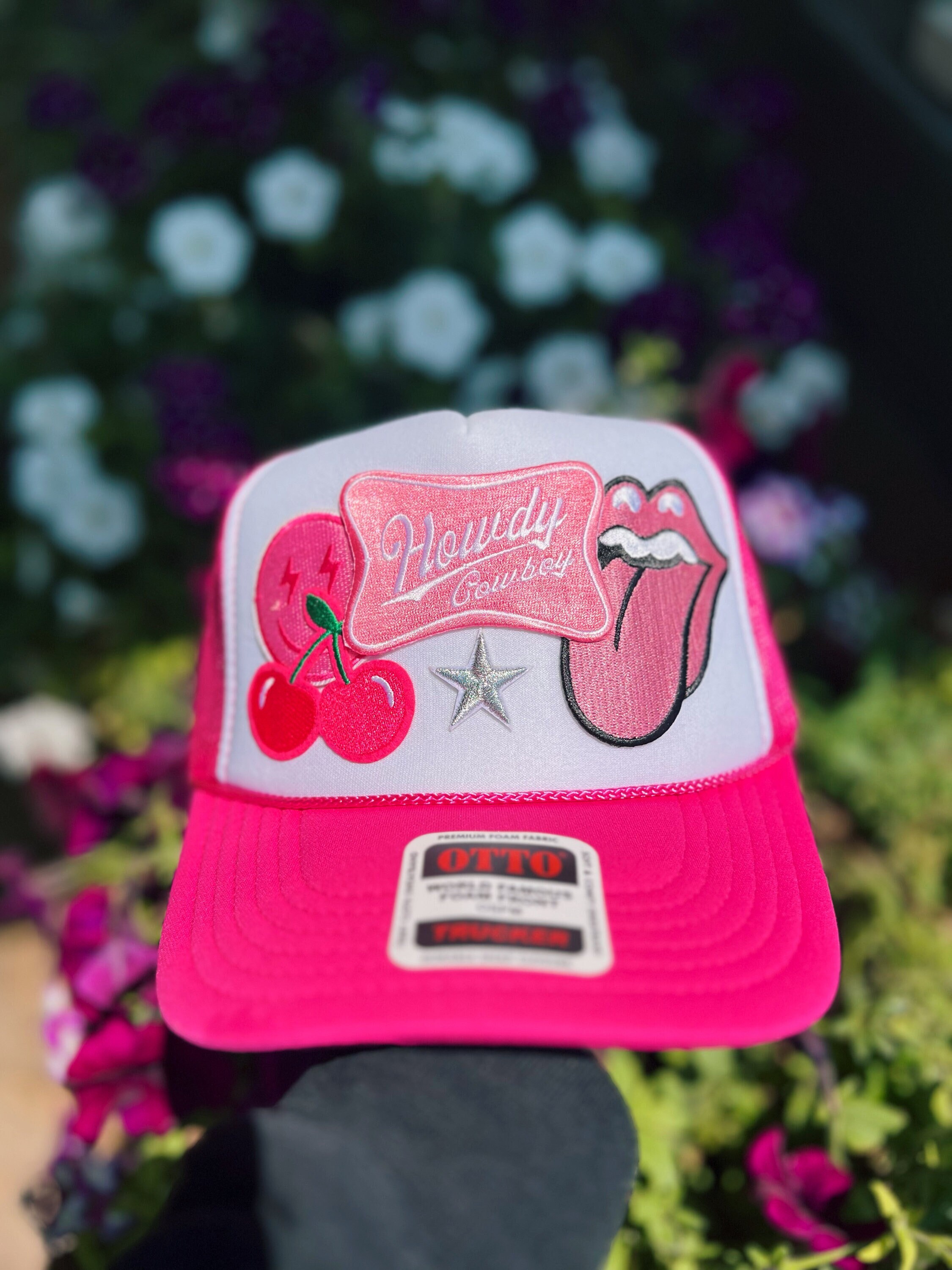 OTTO Pink and White Trucker Hat with Western Patch Otto Red White Blue Trucker Hat With American Made Patches  main image 4
