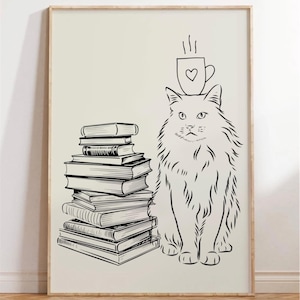 cat coffee book lover art, book wall art, cat wall art, coffee wall art, cat lover, coffee lover, book lover, book reader, coffee drinker