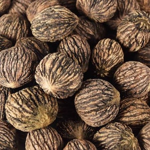 以下が含まれることがあります： 黒クルミの殻の山をクローズアップ。殻は、濃い茶色とタン色の粗い質感の表面を持っています。殻は楕円形で、畝のある模様があります。