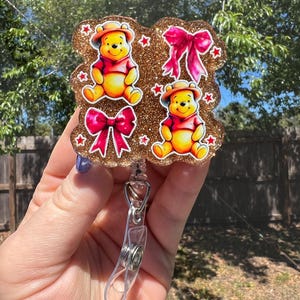 Pooh with bows. Glitter retractable badge reel or magnet .Teacher ID-server badge-medical field ID-student lanyard-RN-student badge-cheer