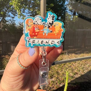 Blue dog friends on a couch. Glitter retractable badge reel. Teacher ID-pediatrician badge-school ID-card holder-medical field-magnet option