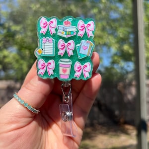 Bows,books,coffee glitter retractable badge reel. Teacher ID-student badge/lanyard-nurse-cheer coach-Librarians ID-office magnet