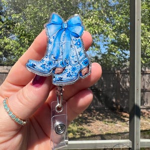 Blue flower cowboy boots. Glitter retractable badge reel or magnet. Trending gifts for teacher-line dancers-student ID-medical ID badge-RN