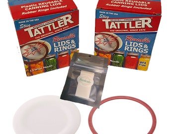 May include: Two boxes of Tattler reusable canning lids with rubber rings included. The boxes are red, white, and blue with the Tattler logo and the words "Reusable Lids & Rings". There is a white lid, a red rubber ring, and a small white bag with a green label that says "Sunivale" on it.